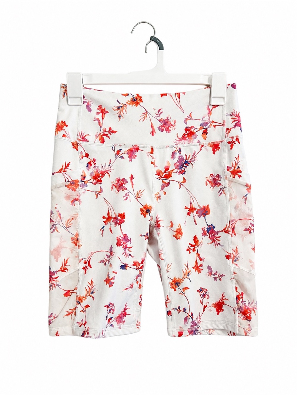 Fabletics White Floral Bike Shorts Medium Activewear High Waist Lightweight Gym